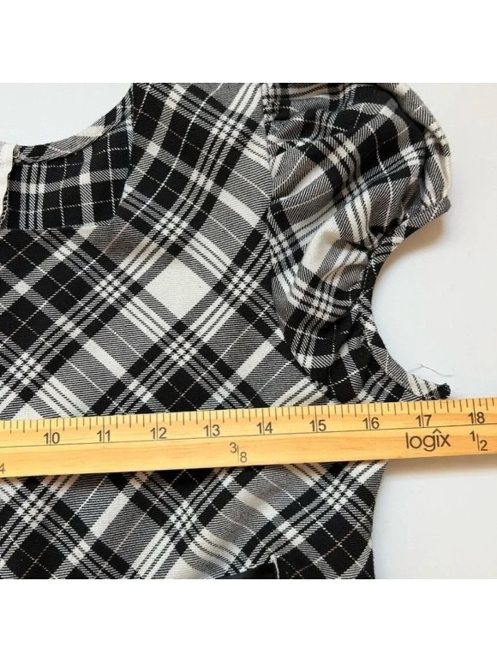 Ashley Ann Black White Plaid Dress Puff Sleeve Bow Rhinestone Fit Flare